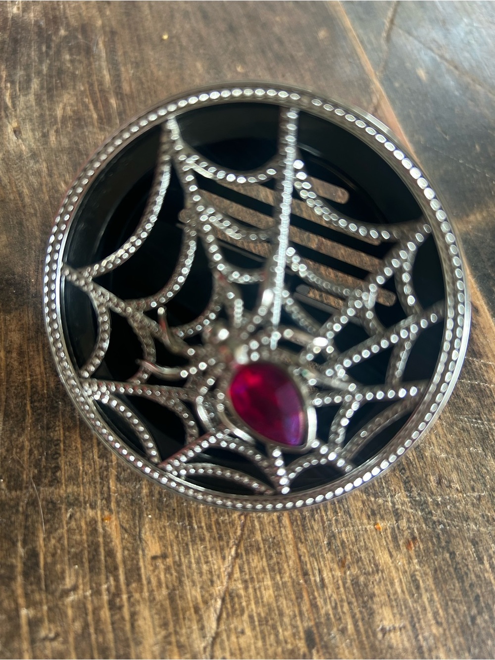 Bath & Body Works Black and Silver Spiderweb Decorative Tin with Red Gem